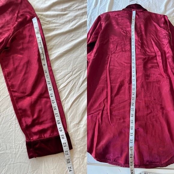 Vintage Satin Velvet Trim Pyjama Shirt Dress S Ruby - Picture 13 of 15